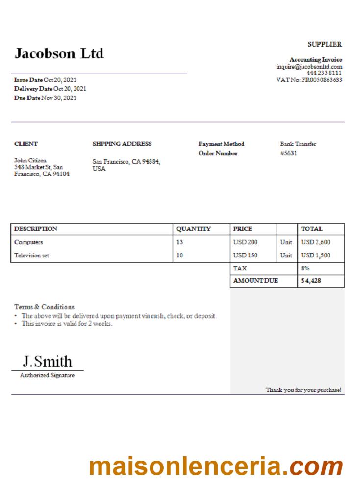 USA Jacobson Ltd faktura słowo i PDF szablon